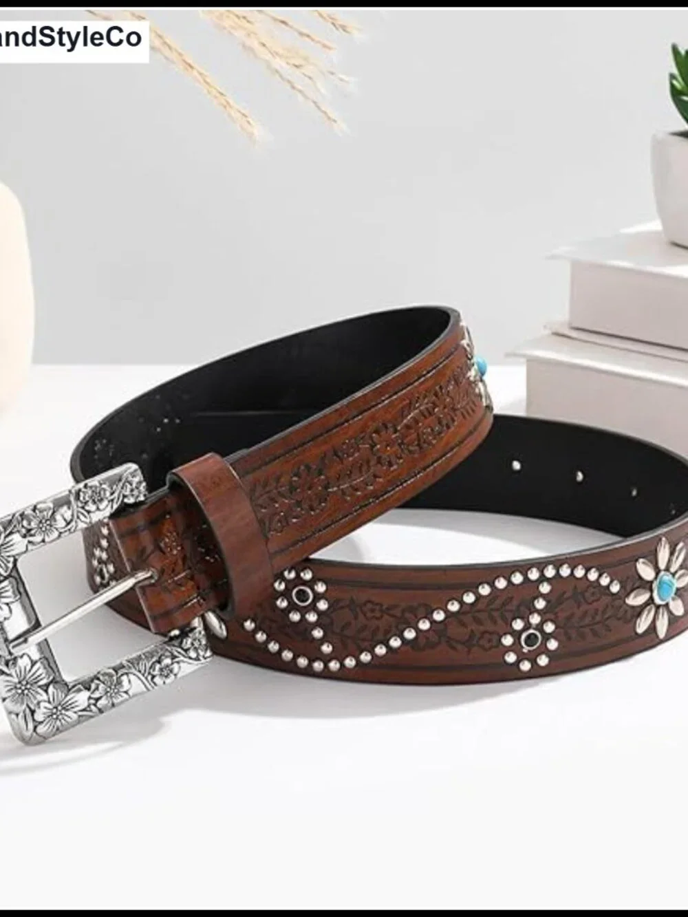 Western Cowboy Belt for Women, Faux Leather Flower Embossed with Silver Buckle
